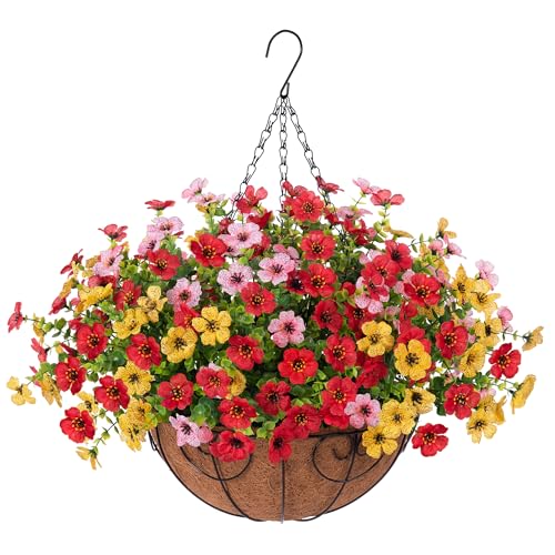 Ammyoo Artificial Faux Hanging Plants Flowers Basket for Spring Outdoor Decoration, Fake Silk Daisy UV Resistant Look Real with Eucalyptus Leaves Summer Outside Decor for Home Patio Garden - color: Red Yellow White
