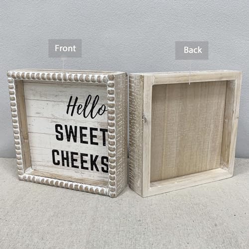 Boho Farmhouse Wooden Framed Bathroom Decor Signs, Funny Restroom Decorative Plaque Small Cute, Toilet Rules Shelf Decoration (Hello Sweet Cheeks) - color: Hello Sweet Cheeks