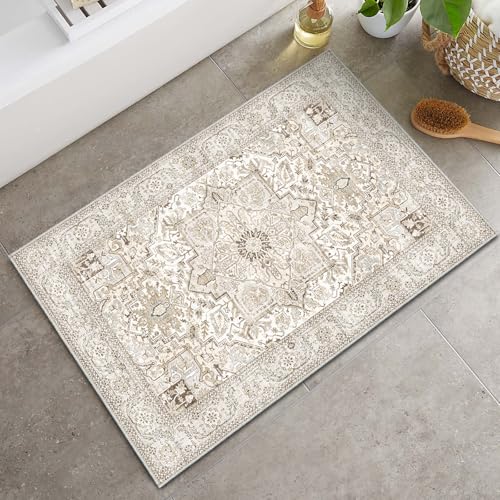Area Rug 2x3, Lightweight Washable Rugs for Entryway Bathroom Kitchen, Ultra-Thin Absorbing Low Pile Non Slip Rubber Rugs Backing, Durable Aesthetic Vintage 2x3 Rug (Cream/Light Beige, 2X3) - color: Cream/Light Beige, size: 2*3