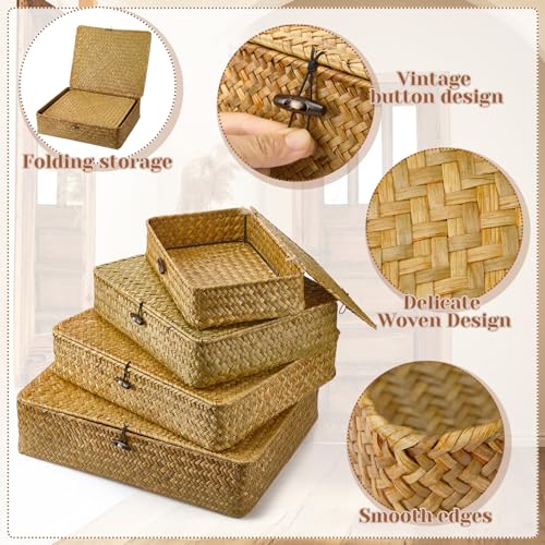 Didaey Set of 4 Seagrass Basket with Lid Wicker Storage Basket Decorative Storage Boxes with Lids Flat Storage Bins Woven Organizer Baskets for Shelf Closet Bedroom, 4 Sizes (Yellow) - color: Yellow