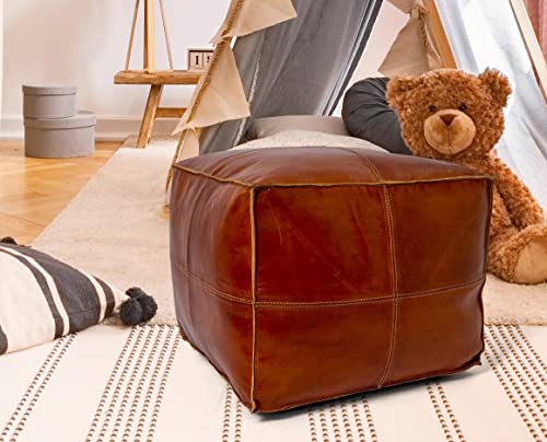 ARTOUARZAZATE Square Leather Pouf - Moroccan Pouf - Genuine Goatskin Leather - Bohemian Living Room Decor - Hassock & Ottoman Footstool - Unstuffed (Dark Brown, 18" D x 18" W x 14" H) - color: Dark Brown