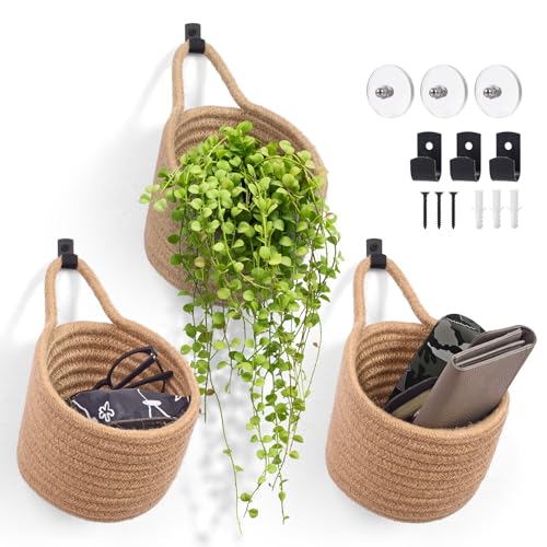 Fabric Wall Hanging Baskets - 3Pack Woven Pouchs Boho Style Wall Mounted Bag with Adhesive Hooks, Storage Organizers and Decoration Pocket Caddy Bins on Door Rack (Linen & Black, Large) - color: Linen & Black
