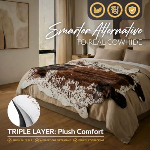 NativeSkins Faux Cowhide Rug 4'7" x 6'7" – Brown Cow Print Area Rug for Living Room & Bedroom – Non-Shedding, Flat-Lay, Pet-Friendly – Faux Suede Grip Backing – Vegan Western Farmhouse Decor - size: 4'7" x 6'7" (Large)