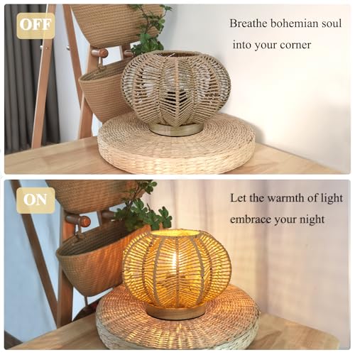 Rattan Table Lamp, Mini Boho Lamp, Vintage Wicker Nightstand Small Lamps with Wood Base, Bohemia Woven Lamps for Bedroom Living Room Desk Kids Room, 2700K G45 LED Bulb Included
