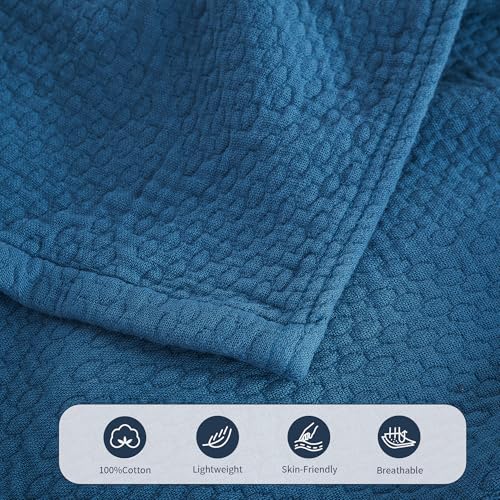 Premium 100% Cotton Blanket – All-Season Soft Breathable Bed Blanket for Queen Size – Lightweight Stylish Textured Throw for Bed– Giftable Cozy Bedding - color: Blue, size: Queen(80" x 90")