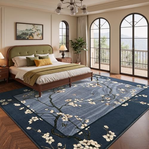 6x9 Area Rugs for Living Room Bedroom, Oriental Floral Birds Print Washable Rug, Soft Low Pile Non Slip Carpet for Dining Room Kids Room Farmhouse Office Home Decor, Blue - color: Blue, size: 6' x 9' (Rectangular)