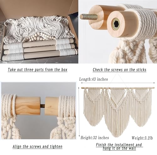 oiikain Large Handmade Boho Macrame Wall Hanging Tapestry - Chic Bohemian Woven Home Decor art for Living Room, Bedroom, and Wedding Parties (43''x32'', Three Triangle) - color: Beige Three Triangle