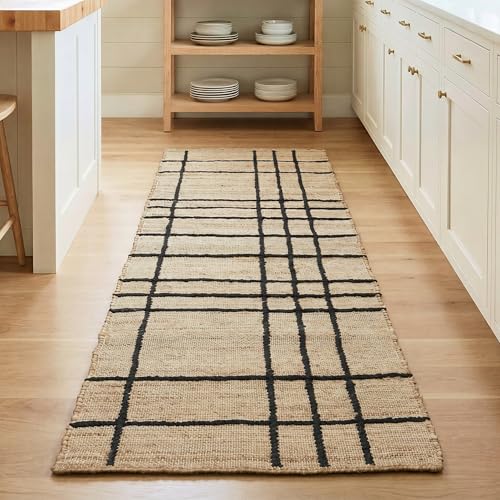 Homespice Nell Jute Plaid Runner Rug 2x6' - Cotton Backed Premium Handmade | Geometric Runner Rug for Kitchen and Hallway, Lays Flat, Won't Fray or Shed, Rich Natural Brown & Black Windowpane - color: Nell, size: 2' x 6' (Rectangular)