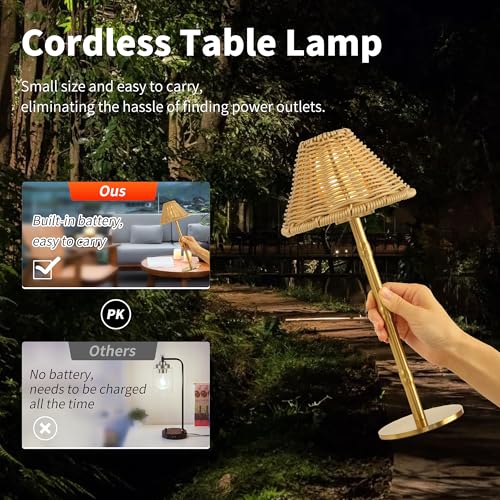 Mr.White Rechargeable Cordless Table Lamp with Wicker Shade, 5200mAh Battery Operated Portable Table Light with Touch Control, for Patio Restaurant Kitchen Dinner (Gold) - color: Gold+Wicker Lampshade