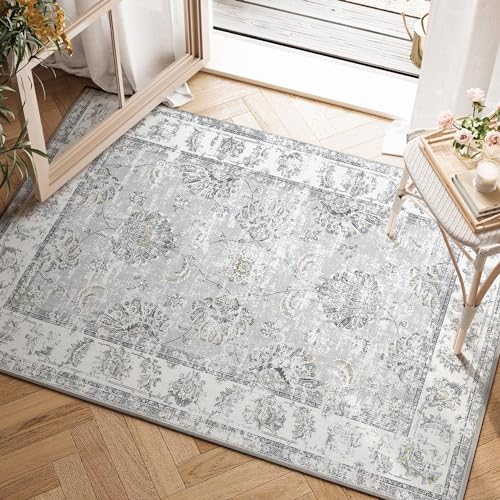 jinchan Fiora Floral 2x3 Rugs for Entryway - Vintage Washable Small Non-Slip Distressed Indoor Doormat Ultra-Thin Low-Pile Accent Rug for Entrance Kitchen Bedroom Bathroom (2x3ft, Grey) - color: Distressed Grey, size: 2' x 3' (Light Weight)