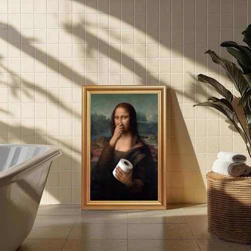 ICHZUMW Gold Framed Funny Mona Lisa Toilet Paper Canvas Wall Art, Quirky Humorous Parody Painting Wall Decor, Ready to Hang for Bathroom Restroom Powder Room, 16x24in - color: Funny Mona Lisa, size: 24"L x 16"W