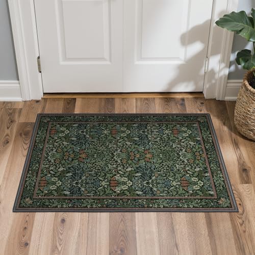 Bavni 2x4 Small Area Rug Machine Washable Non Slip, Vintage Floral Throw Rug, Low Pile Thin Lightweight Carpet for Entryway, Hallways, Kitchen and Bathroom, Dark Green - color: Dark Green, size: 2' x 4' (Rectangular)