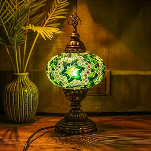 Turkish Lamp, Mosaic Table Lamp, Antique Moroccan Decorative Glass Bohemian Vintage Lamp Shade, Small Desk Tiffany Bedside Stained Glass Lamp with US Plug and E12 Socket - color: Green-9