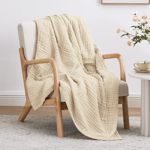 Love's cabin 100% Cotton Muslin Blanket, 6 Layer Lightweight Breathable Gauze Twin Size Blanket 60 x 80 Inches, Soft Summer Blanket for Bed or Couch, Beige - color: Beige, size: Twin(60"x80")