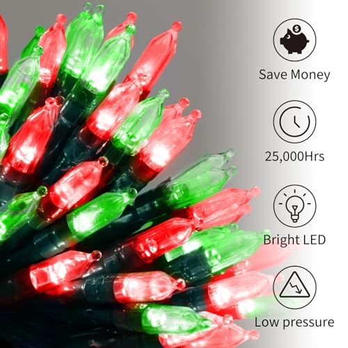Brightown Battery Operated Christmas Lights 2 Pack 18 Feet 50 LED Clear Mini String Lights with 8 Modes Waterproof Tree Lights for Xmas Outdoor Indoor Holiday Party Garden Decor, Red & Green - color: Red & Green, size: 50 LEDs x 2 Pack