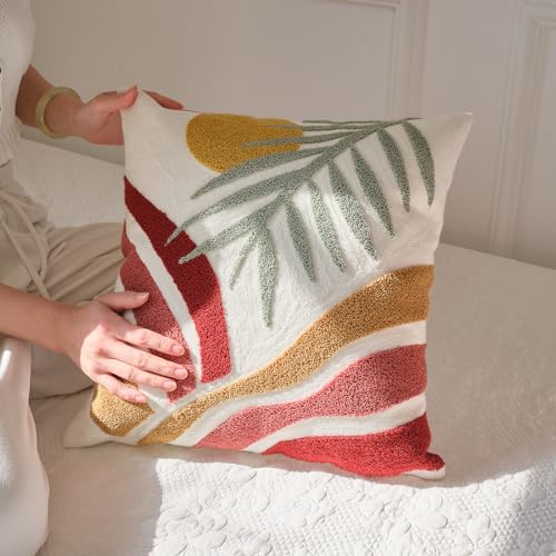 Boho Tufted Textured Village Throw Pillow Covers 18x18,Soft Cactus Mid Century Accent Decorative Minimalist Geometric Sun Throw Pillowcases for Couch Sofa Bedroom Living Room,1PC - color: Green,yellow
