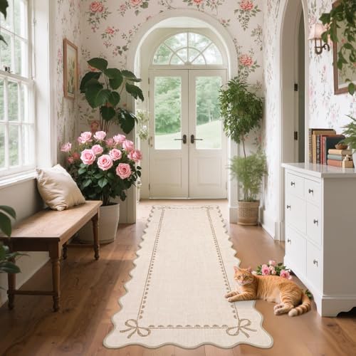 GarveeHome Scalloped Bow Rug for Living Room, Solid Beige Rug for Dorm, Washable Runner Rug 2.5x8 Soft Low Pile Non Slip Scalloped Rugs for Nursery Bedroom Decor Hallway Entryway Playroom - color: Beige, size: 2'6" x 8' (Rectangular)