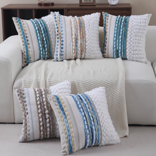 Boho Throw pillow covers 18x18 set of 2 farmhouse decorative Couch pillow covers neutral Accent throw pillows covers striped outdoor cushion covers square textured chenille pillow cases for sofa bed - color: Z New Teal