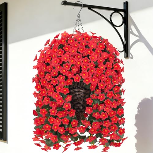 Artificial Hanging Flowers with Baskets for Decor, Fake Silk Red Hanging Daisy Orchid Flowers Plants, Faux Flower Centerpieces for Home Indoor Outdoor Garden Patio - color: Red