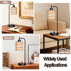Rattan Table Lamps Set of 2, Boho Desk Lamps with USB Charging Ports and Outlet, Bohemian Bedside Lamps with Rattan & Linen Shade, Farmhouse Black Lamp for Living Room Bedroom Office