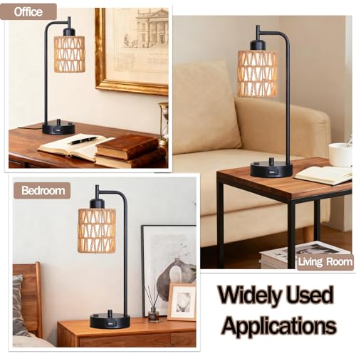 Rattan Table Lamps Set of 2, Boho Desk Lamps with USB Charging Ports and Outlet, Bohemian Bedside Lamps with Rattan & Linen Shade, Farmhouse Black Lamp for Living Room Bedroom Office