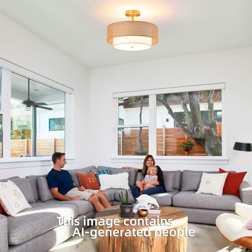 15.7" Semi-Recessed 3-Light Ceiling Light with Boho-Style Faux Rattan Shade, Gold Double-Layer Circular Design, UL-Listed for Bedroom, Kitchen, Living Room, Dining & Entryway - color: 15.7'' Rattan&Fabric Gold