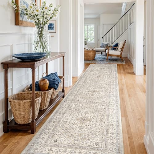3x14 Runner Rug for Hallway Washable: Non Slip Kitchen Rugs with Rubber Backing Soft Waterproof Mats Stain Resistant Indoor Vintage Carpet Runner for Bedroom Bathroom Laundry Entryway Beige/Gray - color: Beige/Gray, size: 3' x 14' (Rectangular)
