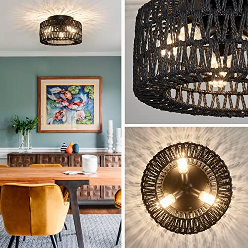 Rattan Light Fixtures Ceiling Mount, 3-Lights Boho Flush Mount Ceiling Light, Hand-Woven Cage Shade Lamp Lighting, Rustic Rattan Chandelier for Hallway Bedroom Kitchen Farmhouse Foyer Entryway (Black) - color: Black, size: Small