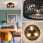 Rattan Light Fixtures Ceiling Mount, 3-Lights Boho Flush Mount Ceiling Light, Hand-Woven Cage Shade Lamp Lighting, Rustic Rattan Chandelier for Hallway Bedroom Kitchen Farmhouse Foyer Entryway (Black) - color: Black, size: Small