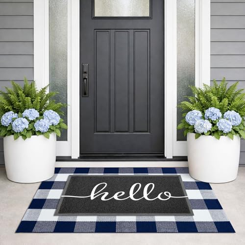 KILOCOCO Buffalo Plaid Checkered Rug 27.5x43 Inches Front Door Mat Outdoor Blue and White Rug Cotton Washable Front Porch Rugs Layered Doormats for Patio Farmhouse Entryway Kitchen Foyer - color: Blue and White, size: 2'4" x 3'7" (Rectangular)