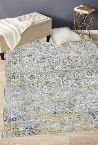 Vintage Distressed Floral Pattern Country Rustic Area Rug 2x6 Yellow Grey Washable Antique Rug for Livingroom Bedroom Diningroom Indoor Outdoor Floor Carpet - color: G, size: 2' x 6' (Rectangular)