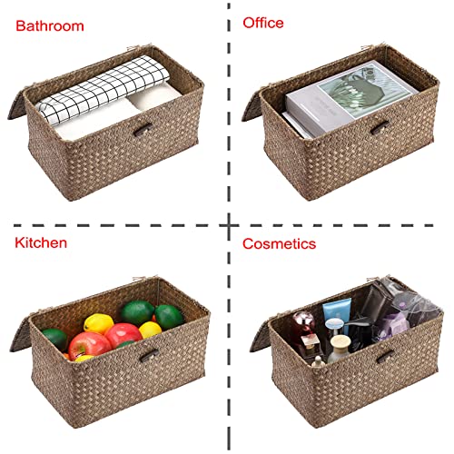 Hipiwe Wicker Shelf Baskets Bin with Lid, Handwoven Seagrass Basket Storage Bins Rectangular Household Basket Boxes for Shelf Wardrobe Home Organizer, Coffee Medium - color: Coffee, size: Medium