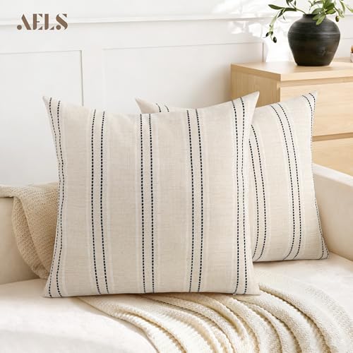 AELS 22x22 Decorative Farmhouse Linen Blend Throw Pillow Covers, Boho Textured Pillow Case, Set of 2, Beige with White & Black Stitch Yarn Dyed Stripe Cushion Cover for Sofa Living Room (Cover ONLY) - color: Beige With White & Black, size: 22" x 22" (Pack