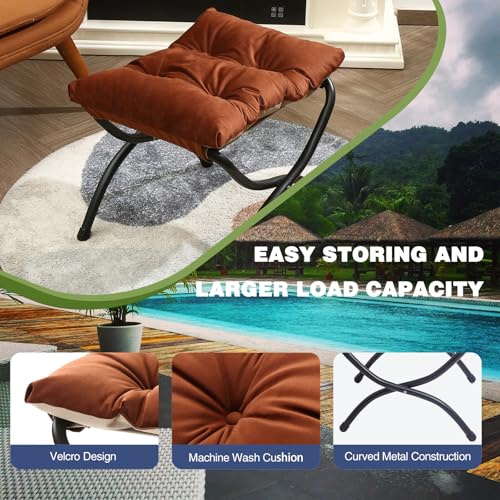15" Foldable Foot Stool Ottoman with Metal Frame - Washable Brown Upholstered Indoor/Outdoor Footrest for Living Room, Bedroom, Patio - Space-Saving Compact Design - color: Brown
