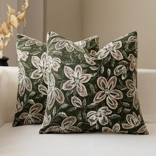 FIOUOVO Floral Throw Pillow Covers 20x20 Set of 2 Farmhouse Pillow Covers Vintage Neutral Accent Pillowcases Decorative Cushion Covers for Sofa Couch Living Room Bedroom Home Decor, Olive Green - color: Olive Green, size: 20" x 20" (Pack of 2)