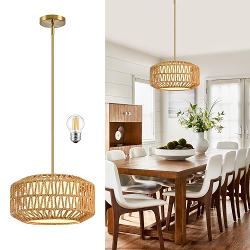 12.6 inch Natural Rattan Light Fixture Woven Pendant Lights Rustic Light Fixtures Fabric Shade Boho Chandelier for Dinning Room Kitchen (Bulb Incl.) - color: 12.6"-Natural-Prism