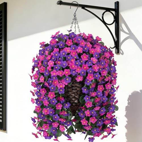 Artificial Flowers Baskets for Outdoor Decoration, Fake Hanging Plants Silk Dark Purple Fuchsia Daisy Mums Trailing Vines in Planter Realistic UV Resistant for Balcony Porch Decor - color: Fuchsia and Dark Purple