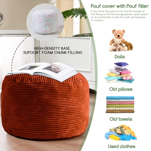 HIGOGOGO Round Stuffed Pouf Ottoman, Corduroy Poufs with Foam Chunk Filling, Furry and Fluffy Pouf Foot Stool Storage Ottoman, 20 X 15 Floor Poufs Foot Rest for Living Room, Terra Cotta - color: Terra Cotta, size: 20"D x 20"W x 15"H