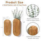 2 Pack Carved Wood Wall Planters with Fake Eucalyptus Stems for Wall Decor - Boho Wooden Wall Art for Living Room, Bedroom, Bathroom (Brown)