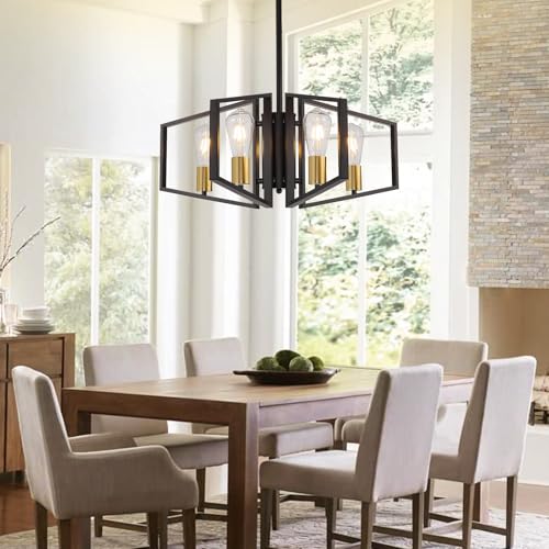 WJShome 4-Light Black and Gold Chandelier, Farmhouse Ceiling Light Fixtures, Dining Room Light Fixtures Over Table, Hanging Geometric Pendant Lights, for Kitchen Island, Bedroom, Foyer, Entryway - color: Black & Gold