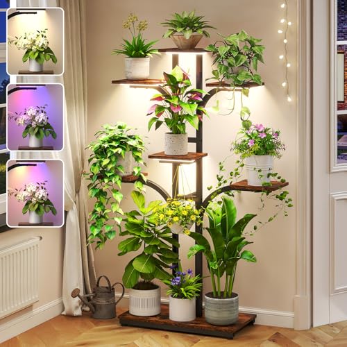 ikkle Plant Stand Indoor with 4 Grow Lights & 3 Colors, 54" Tall 7-Tier Corner Plant Shelf for Indoor Plants Multiple, Tree-Shaped Flower Display Holder with Large Bottom Shelf for Tall Plants, Home Decor