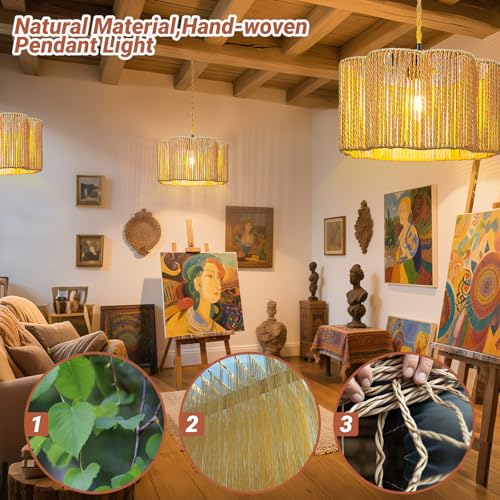Hanging Lights with Plug in Cord Rattan Hanging Lamp Boho Ceiling Light Fixtures Farmhouse Pendant Lamp Shape for Living Room Bedroom Kitchen - size: 12.6 Inch-Flower Barrel Shade