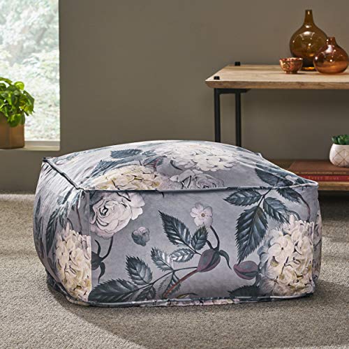 Foamma Pouf Ottoman Gray+ Flower, 24"x24"x12" - Square Ottoman Foot Rest for Living Room and Bedroom, Pouf Footstool with Velvet Cover, Foot Rest for Couch, Boho Furniture for Home - color: Gray + Flower
