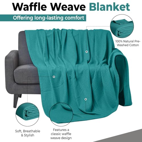 100% Cotton Blankets for Bed - Waffle Weave Blankets for Summer, Lightweight and Breathable Soft Woven Blanket for Spring (Teal, King (90" x 108")) - color: Teal, size: King (90" x 108")