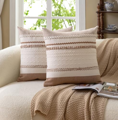 Cethom Boho Throw Pillow Covers 18x18 Inch Set of 2, Brown Textured Decorative Couch Pillow Cases for Farmhouse Home Decor, Accent Cushion Cover for Sofa, Bed, Living Room, Bedroom - color: Brown, size: 18" x 18" (Pack of 2)