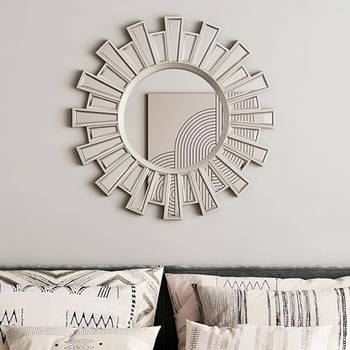 23.6" Sunburst Round Mirror, Silver Sun Decorative Wall Mirror, Design for Fireplace Mantel Foyer Entryway Bedroom, Modern Glam Sunflower Wall Art | Easy Hanging Wall Decor for Living Room - color: Sliver