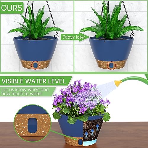 ZMTECH 2 Pack 10 Inch Hanging Baskets for Plants Outdoor Indoor, Modern Blue Planters with Water Level Window & Metal Chain for Balcony Patio Garden Home Decor - color: Blue, size: 10 Inch