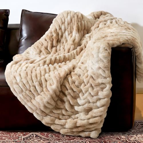 Faux Rabbit Fur Throw Blanket, Ultra Soft Plush Cozy Blanket for Couch Bed, Thick Fluffy Ruched Tie-Dye Decorative Blanket, Giftable,50"x60",Tie-Dye Khaki - color: Tie-dye Khaki, size: Throw(50"x60")