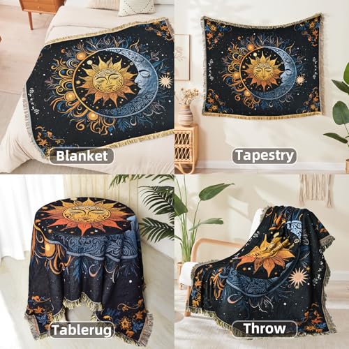 Boho Throw Blanket Reversible Cotton Bohemian Tapestry Hippie Room Decor Outdoor Blanket Double Sided (Black Sun Moon 50"x60") - color: Black Sun Moon, size: 50*60 inch