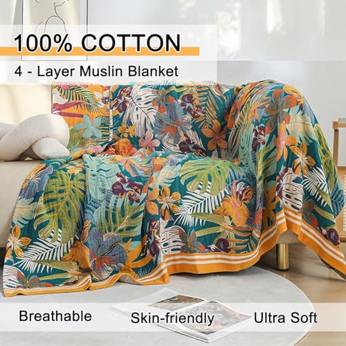 Boho Throw Blanket 60"x80", 100% Cotton Muslin Blankets for Couch Bed Sofa Chair, 4-Layer Soft Cozy Quilt Travel Blanket with Floral, Farmhouse Decor,All Seasons(Green) - color: Green Leaves